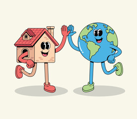 Friendly groovy cartoon house and Earth globe high-fiving
