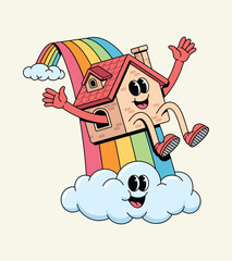 house sliding rainbow groovy cartoon character illustration