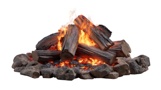 Campfire with Glowing Wood Logs and Embers on Transparent Background