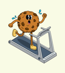 Cartoon Chocolate Chip Cookie Running on Treadmill, Sweating, Humorous Exercise Concept