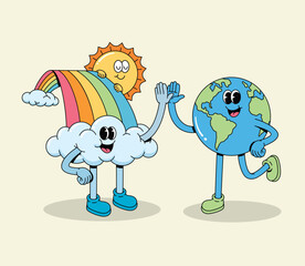 Groovy Cartoon Earth and Happy Cloud with Rainbow and Sun High-Fiving