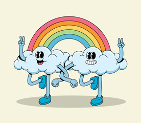 Two Happy Groovy Cartoon Cloud Characters Walk Under a Colorful Rainbow, Holding Hands with Peace Signs