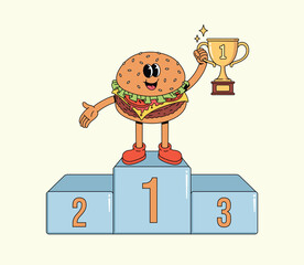 Happy Groovy Cartoon Burger Character Holding Gold Trophy on Winner Podium