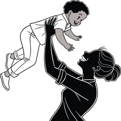 Mother lifting her baby joyfully above her head silhouette