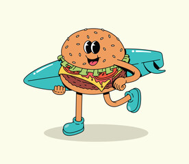 Happy Groovy Cartoon Hamburger Character Running with Surfboard