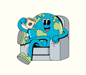 Happy Groovy Cartoon Earth Character Relaxing on Armchair with Coffee Cup