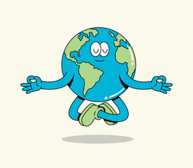 Groovy Cartoon Earth Character Meditating Peacefully Floating