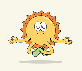 Happy Groovy Cartoon Sun Meditating in Lotus Pose, Smiling Peacefully