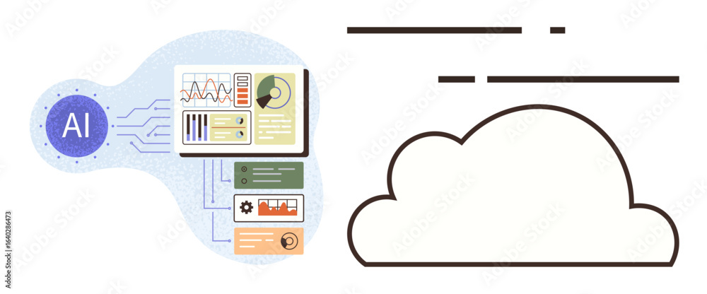 Poster ai icon with data dashboards, analytics graphs, and cloud outline representing automation, cloud sto