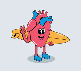 Happy Groovy Cartoon Heart Character Holding Surfboard Making Peace Sign