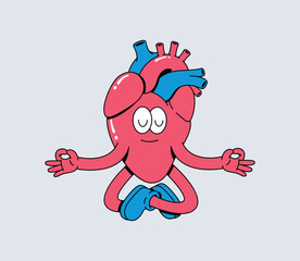 Groovy Cartoon Human Heart Character Meditating in Lotus Pose, Calm and Healthy