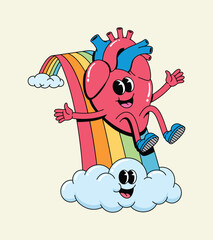 Happy Groovy Cartoon Heart Character Sliding Down Colorful Rainbow onto Cheerful Cloud