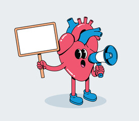 Groovy Cartoon Human Heart Holding Blank Sign and Megaphone