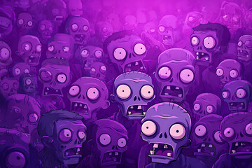 A crowd of cartoon zombies with exaggerated features in a purple haze, evoking a spooky atmosphere