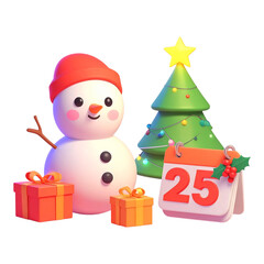 3D Christmas scene with snowman, Christmas tree, gifts, and calendar.