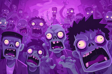 A chaotic scene of purple-hued zombies screaming in a dark urban environment at night