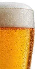 Refreshing golden lager in a chilled glass with condensation droplets on a transparent surface