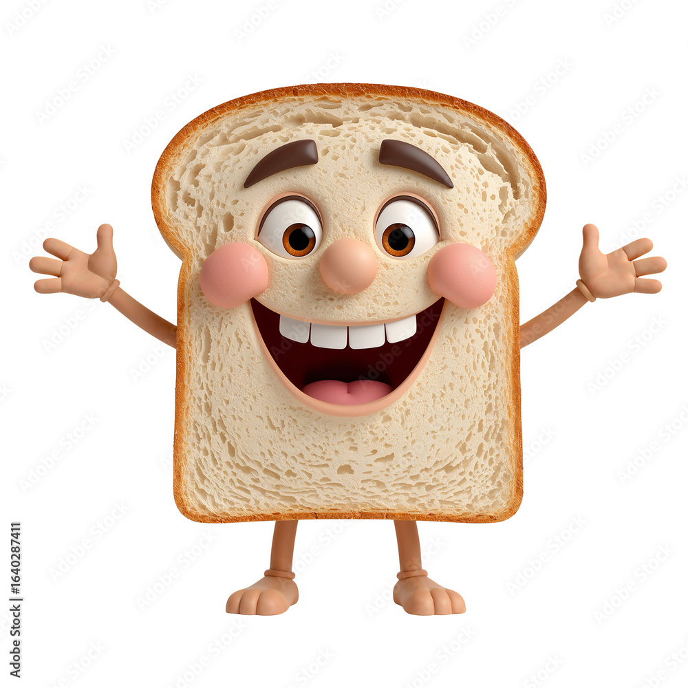 Poster animated slice of toast joyfully welcomes with open arms on an isolated transparent setting