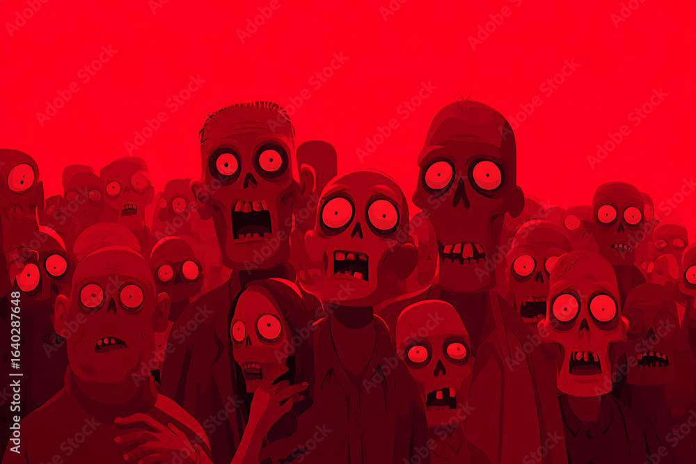 Aufkleber a horde of cartoon zombies with exaggerated features and expressions in a surreal red background