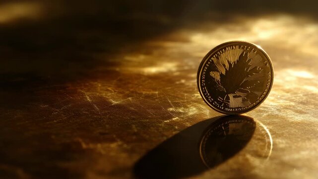 Gold coin with leaf design reflecting light on textured surface