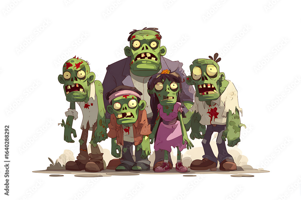 Aufkleber group of cartoon zombies with exaggerated features standing together in a desolate background