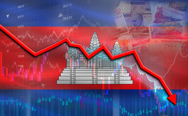 Cambodia financial fall on economy market. Cambodia financial crisis on economic graph