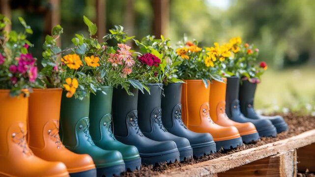 Colorful boots repurposed as planters with vibrant flowers