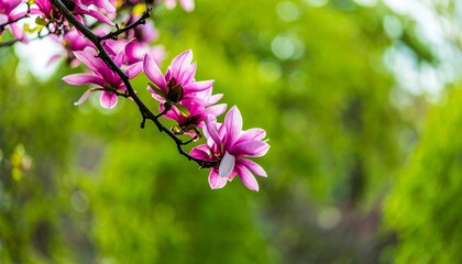 Obraz premium Pink spring magnolia flowers blooming on delicate branch, soft petals against blurred background, fresh seasonal beauty, nature awakening, floral elegance, romantic and serene botanical scene