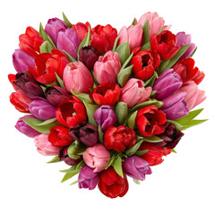 A vibrant heart-shaped arrangement of colorful tulips in various shades of red, pink, and purple, symbolizing love and beauty, perfect for celebrations or romantic occasions