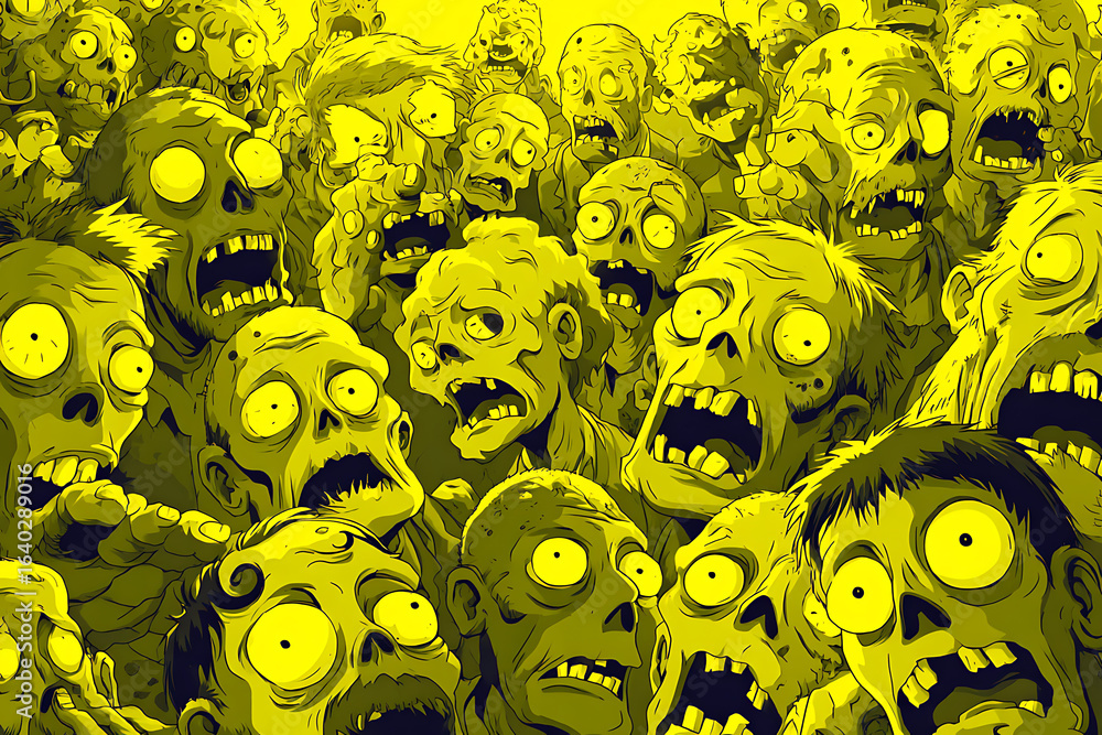 Poster a chaotic crowd of cartoon zombies with exaggerated features and expressions in a vibrant yellow bac