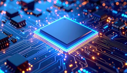 A central processor unit glows brightly, nestled within intricate circuitry on a motherboard.