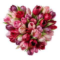 A vibrant heart-shaped arrangement of tulips in various shades of pink and red, symbolizing love and affection, perfect for celebrations or romantic occasions