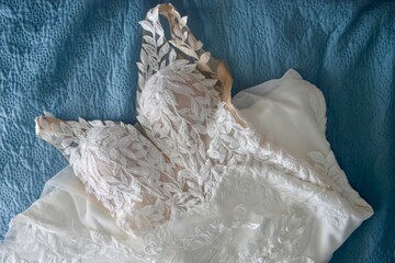 Closeup of white wedding dress with beading, lace, and shimmer against blue bedding background