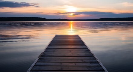 Naklejka premium Golden Hour Serenity Wooden Pier Extends into Calm Lake with Vibrant Sunset Reflection.