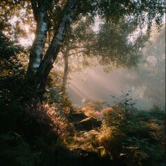 Fototapeta premium Serene Forest Scene with Sunlight Dancing Through Lush Greenery and Delicate Blooms, Creating a Tranquil Atmosphere of Nature's Beauty and Calmness