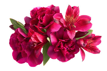 A vibrant bouquet of deep pink flowers, featuring various blooms, arranged elegantly with lush green leaves, set against a clean background, perfect for floral decoration or celebration