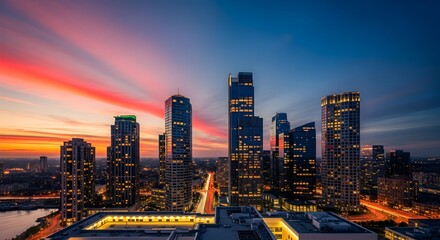 Obraz premium Vibrant Sunset Hues Over Illuminated City Skyline Dramatic Skyscrapers and Light Trails.