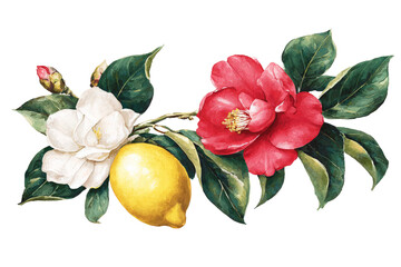 A vibrant floral arrangement featuring white and red camellias alongside a ripe lemon, set against a clean background, ideal for use in nature-themed designs or culinary projects