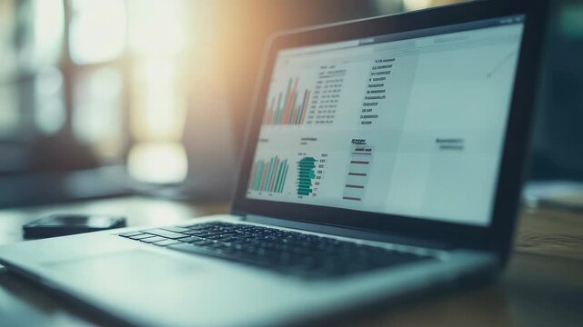 Laptop displaying analytics graphs and charts on screen in dimly lit setting - Powered by Adobe