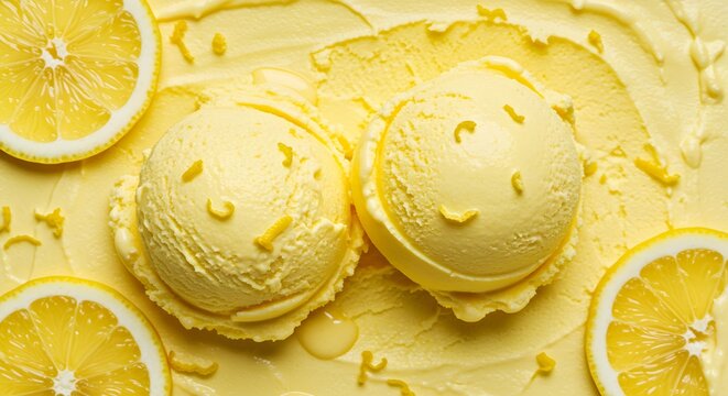 lemon ice cream scoops with lemon slices, vivid colors, octane render, trending on artstation, artistic photography, photorealistic concept art