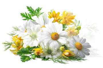 A vibrant bouquet of white daisies and yellow wildflowers arranged beautifully, set against a clean background, ideal for nature-themed decor or floral design inspiration