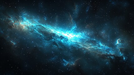 Abstract nebula illustration with blue and white light against a dark background.