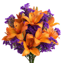 A vibrant bouquet featuring orange lilies and purple statice, beautifully arranged for a decorative display, perfect for celebrations or as a thoughtful gift