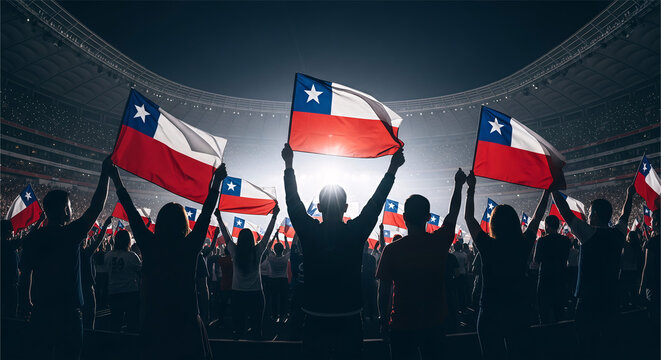 Silhouettes of people inside a stadium holding the Chilean flag - Powered by Adobe