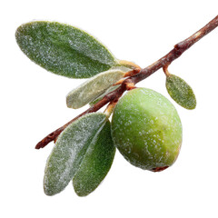 A close-up view of a fresh green olive with dew drops on its surface, surrounded by vibrant green leaves, symbolizing natural freshness and healthy living, suitable for culinary or health-related use