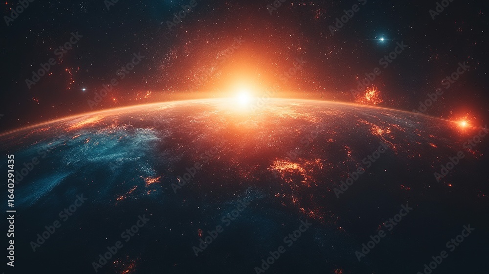 Poster a planet with a bright light above it in a dark space setting.
