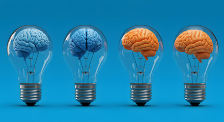Orange colored brain inside the light bulb between the blue ones. Can be used innovation, creative idea, individuality concepts. stand out concept .
