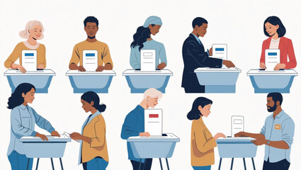 Diverse people casting votes at polling stations in a flat design style voting election
