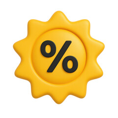 3d icon of a bright yellow sun icon featuring a percentage sign represents summer sales and promotional offers for retail businesses isolated on transparent background