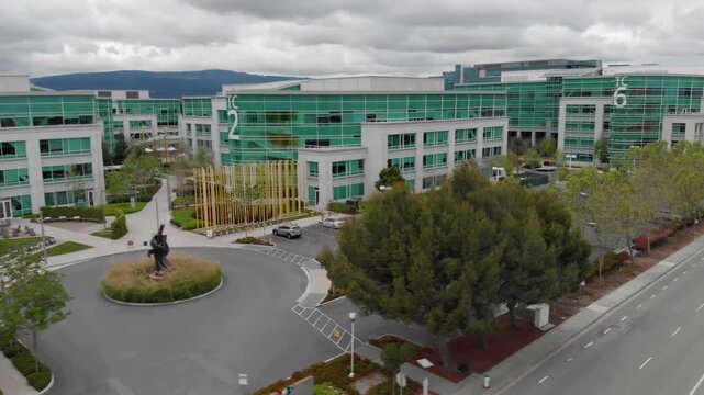 Aerial view of Google Campus. Shows the architecture and urban landscape. Sunnyvale, California, USA. 